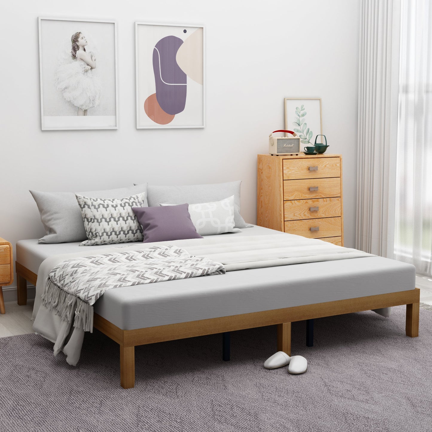 Queen Size Wood Platform Bed Frame,No Box Spring Needed,Strong Wood Slat Support, Easy Assembly - Korvel
