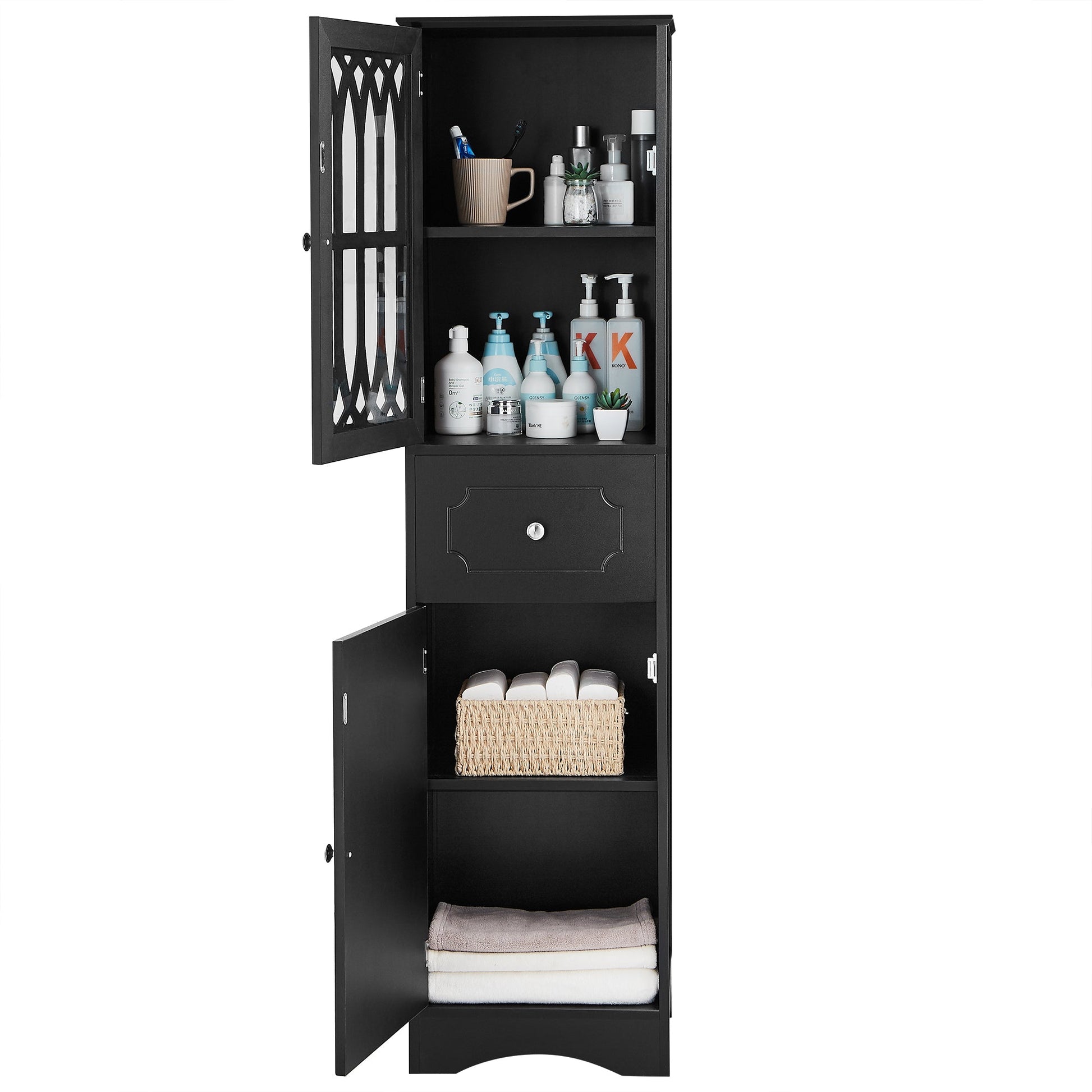 Tall Bathroom Cabinet, Freestanding Storage Cabinet with Drawer and Doors, MDF Board, Acrylic Door, Adjustable Shelf, Black - Korvel