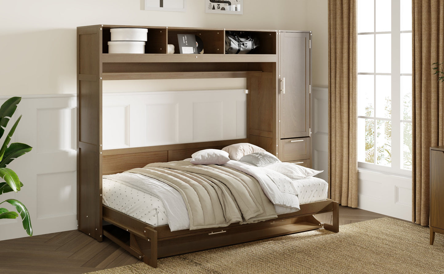 Full Size Murphy Bed with Wardrobe, Drawers and Open Shelves, Antique Grey - Korvel