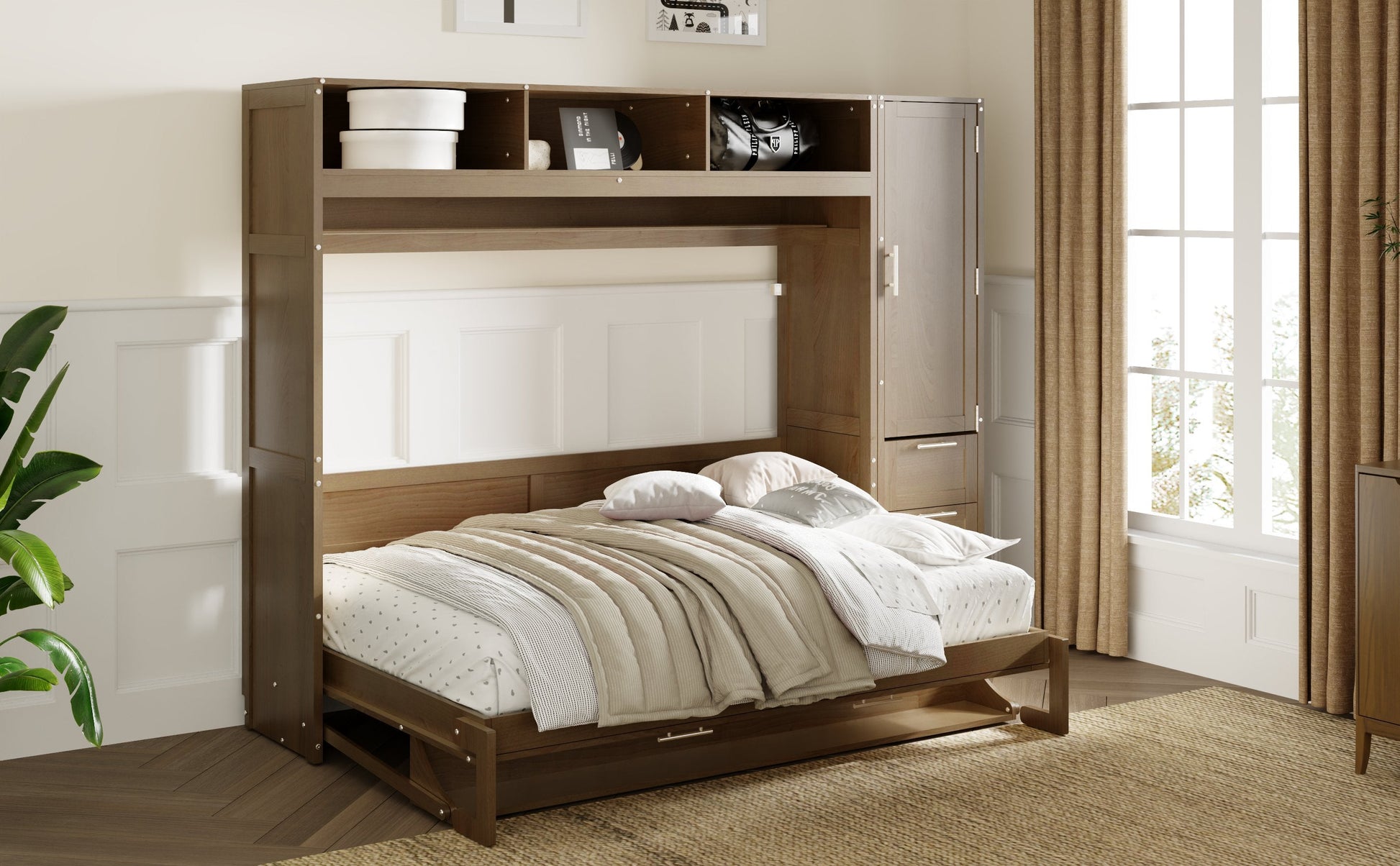 Full Size Murphy Bed with Wardrobe, Drawers and Open Shelves, Antique Grey - Korvel