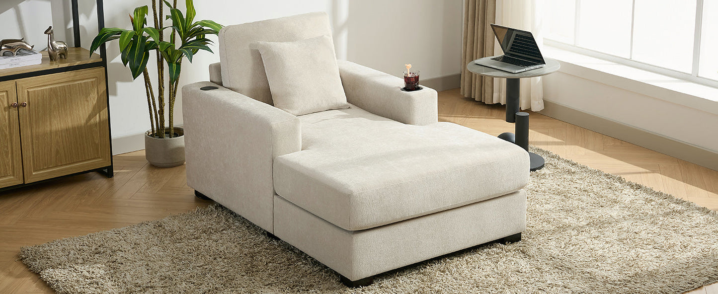 39.7" Oversized Chaise Lounger Modern Style Sofa Couch ,with Pillows, Charge Station & Cup Holders, Chenille Fabric, Cream - Korvel