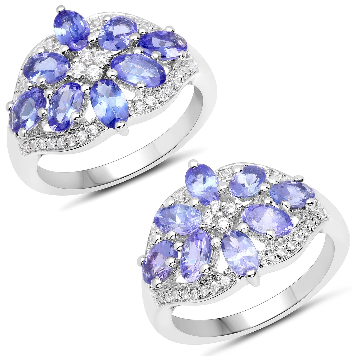 Bague en argent sterling avec tanzanite véritable de 2,27 carats et zircon blanc