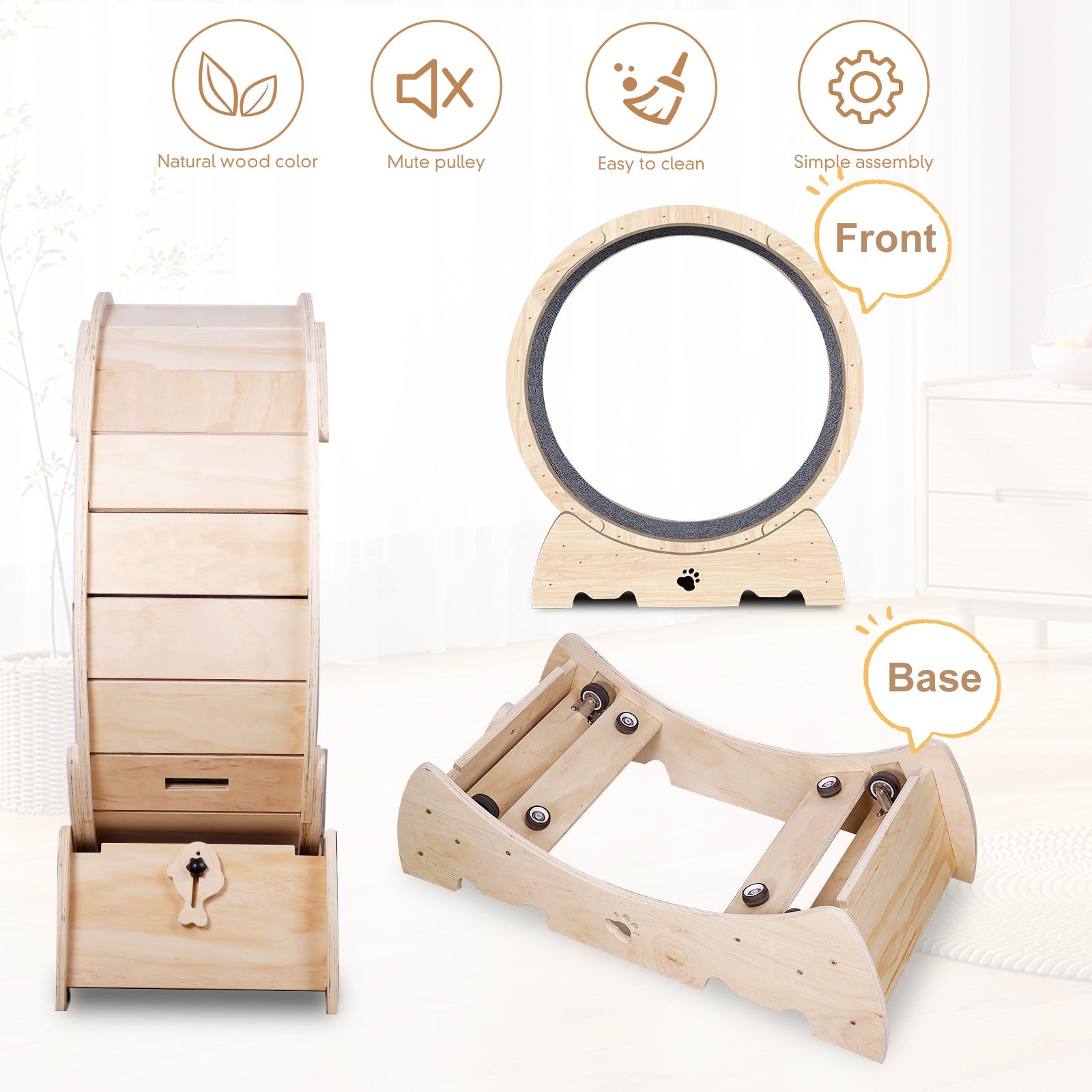 Cat Exercise Wheel for Indoor Cats, Cat Running Wheel with Carpeted Runway 37" Natural Wood Color - Korvel
