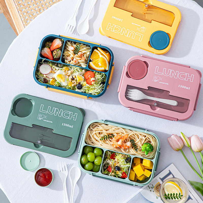Microwaveable sealed lunch box with compartments and sauce box with cutlery - Korvel