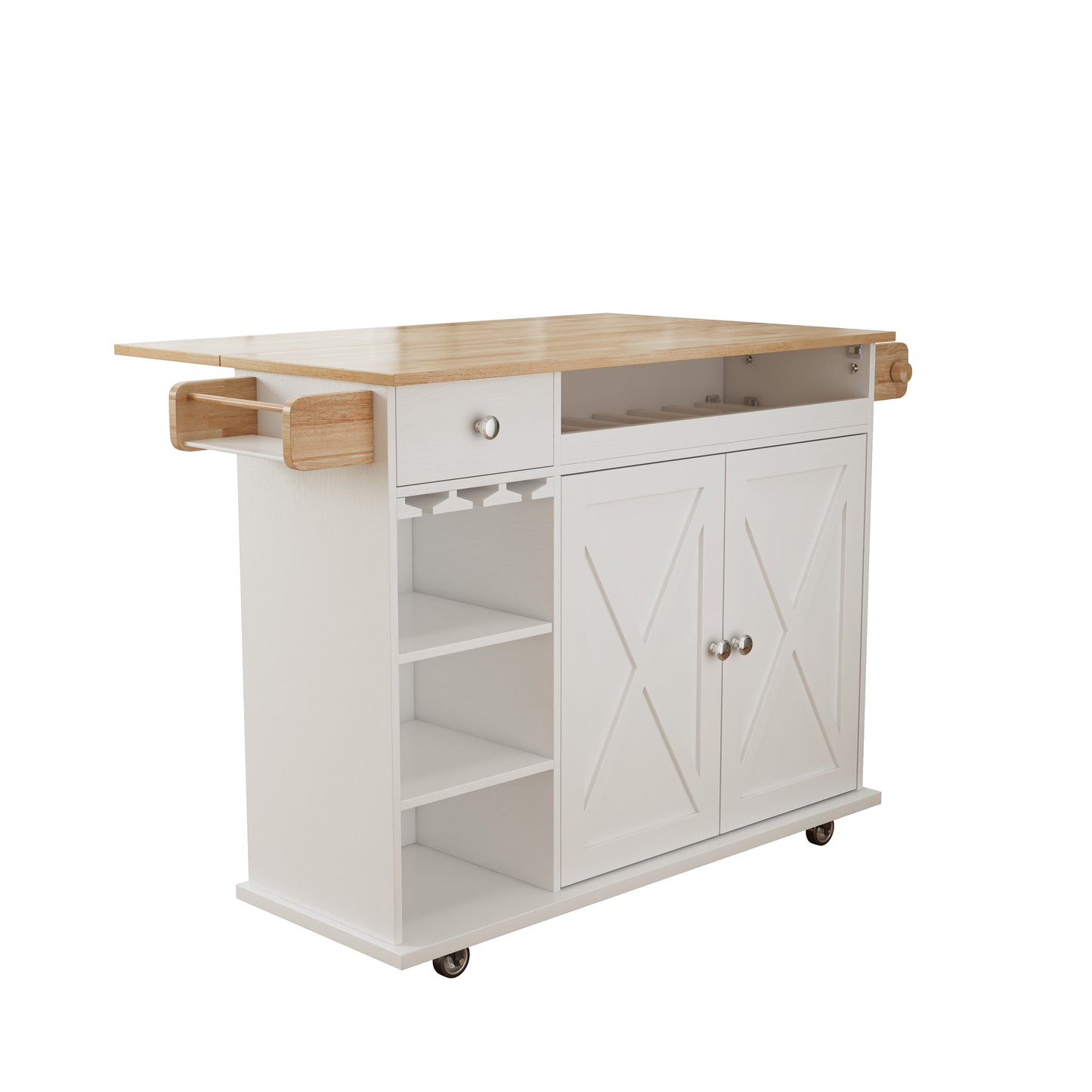 44 Inch Kitchen Island Cart with Solid Wood Top, Wine Storage, Spice Rack, Towel Rack, Wine Glass Holder White & Oak - Korvel