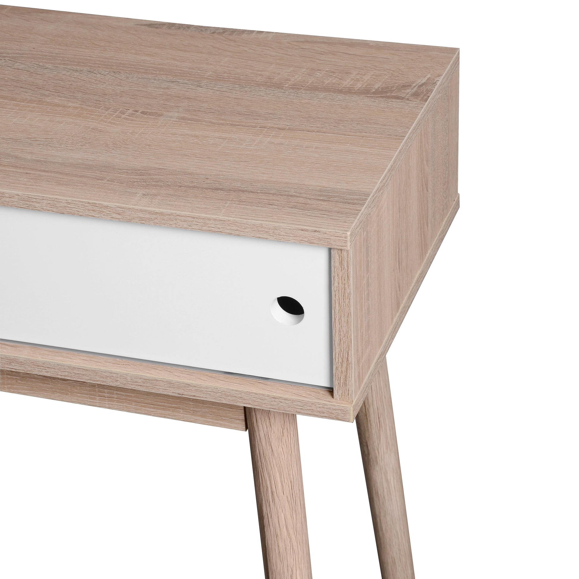 Kitchen Mid-Century Table Writing Desk with 2 Push-pull White Panel Drawers and Wood Legs, Natural Color - Korvel
