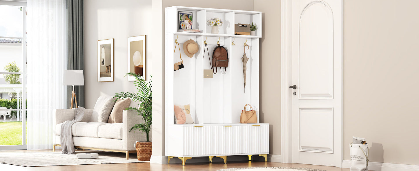 Large storage hall tree with bench, multifunctional storage platform, luxury clothes hanger equipped with 6 gold hooks - Korvel