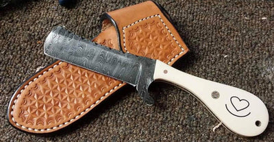 Handcrafted Damascus Bull Cutter Knife with Bone Handle & Leather Sheath | Perfect for Ranching - Korvel