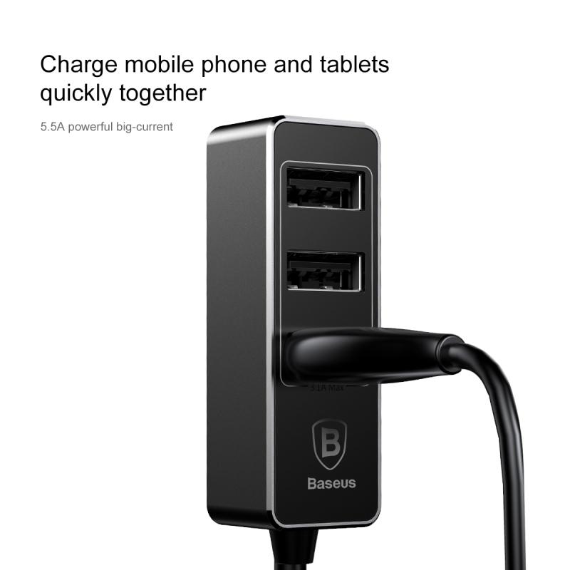 Baseus 4-Port Fast Car Charger - 5.5A Multi USB Adapter