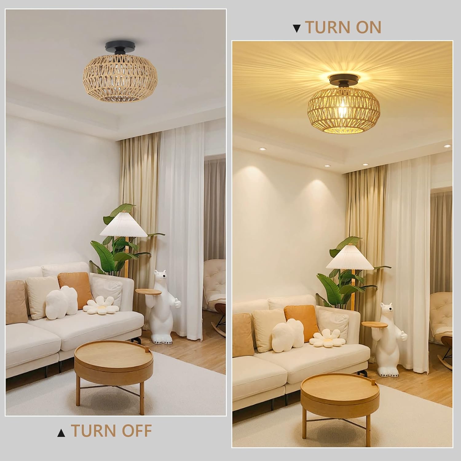 Rattan Light Fixtures Ceiling Mount,Boho Ceiling Light Fixture with Dimmable LED Bulb Mini Hand Woven Rattan - Korvel