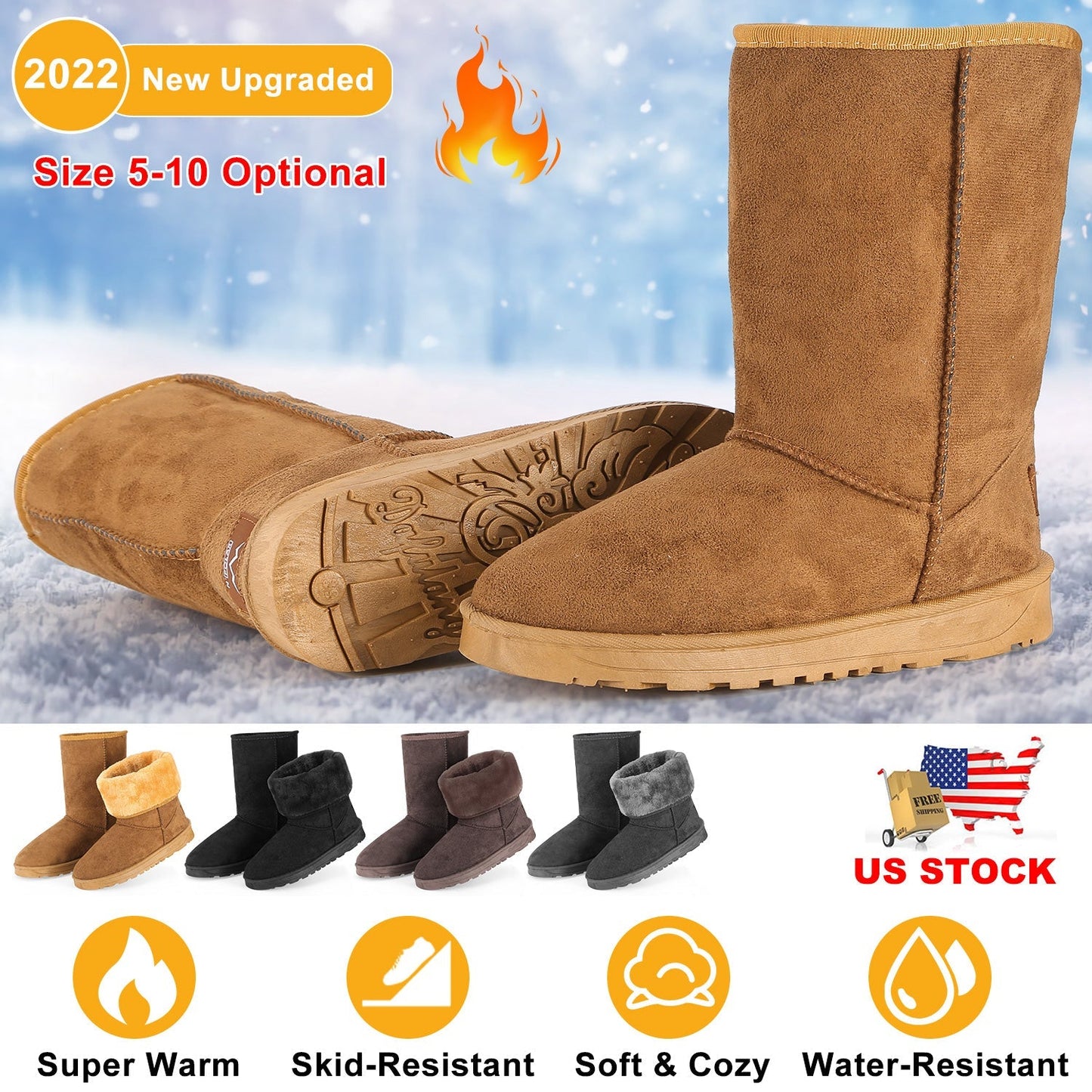Women’s Waterproof Faux Suede Mid-Calf Snow Boots with Fur Lining