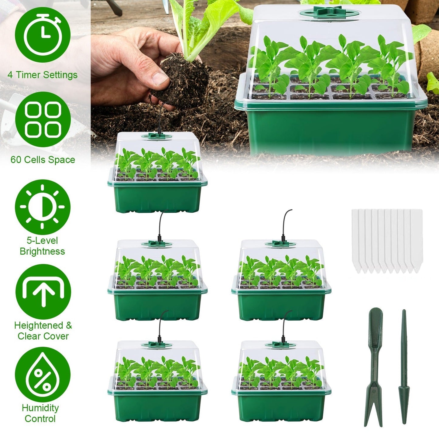 5-Pack Seed Starter Tray with Grow Light and Humidity Dome