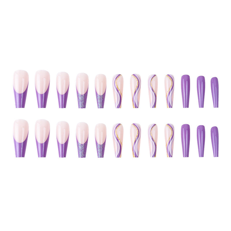 Purple Glitter Wearing Manicure French Geometric Lines Aurora Bright Nail Patches - Korvel