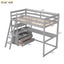 Twin Size Loft Bed with Desk and Shelves, Two Built-in Drawers, Gray - Korvel