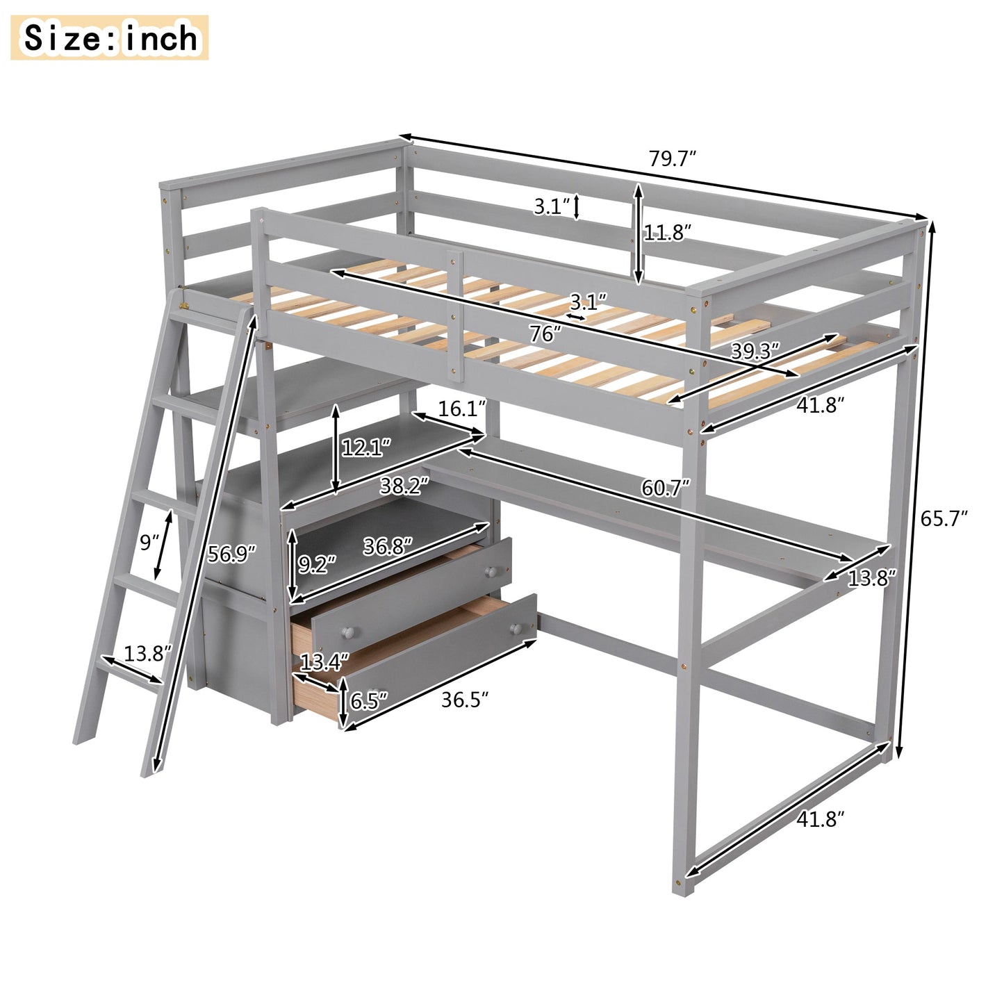 Twin Size Loft Bed with Desk and Shelves, Two Built-in Drawers, Gray - Korvel