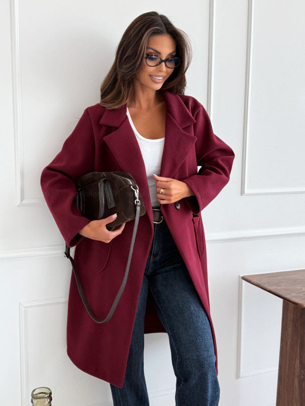 Elegant Solid Color Long Sleeve Wool Overcoat for Women