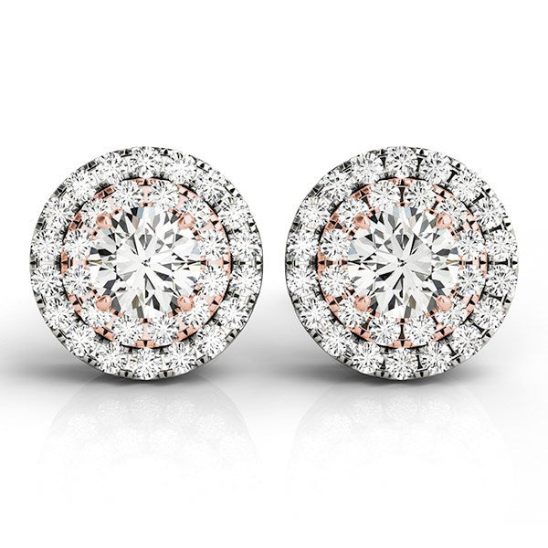 14k White and Rose Gold Round Halo Diamond Earrings