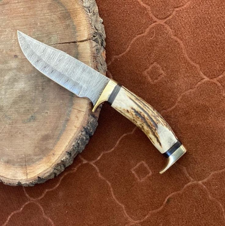 Premium Custom Damascus Steel Hunting Knife with Antler Handle & Brass Accents – 10" | KBS Knives - Korvel