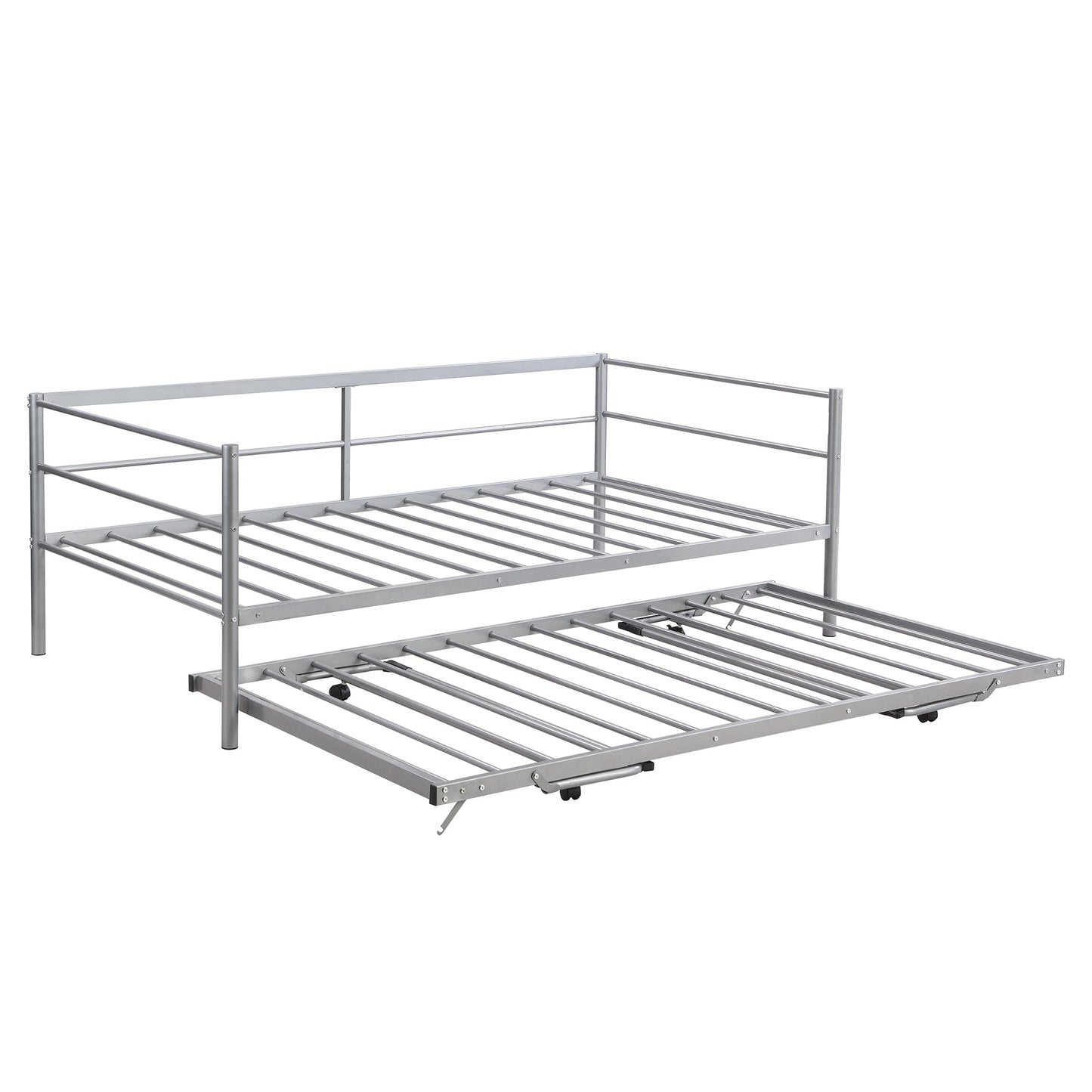 Twin Size Metal Daybed with Adjustable Trundle  Pop Up Trundle  Silver - Korvel