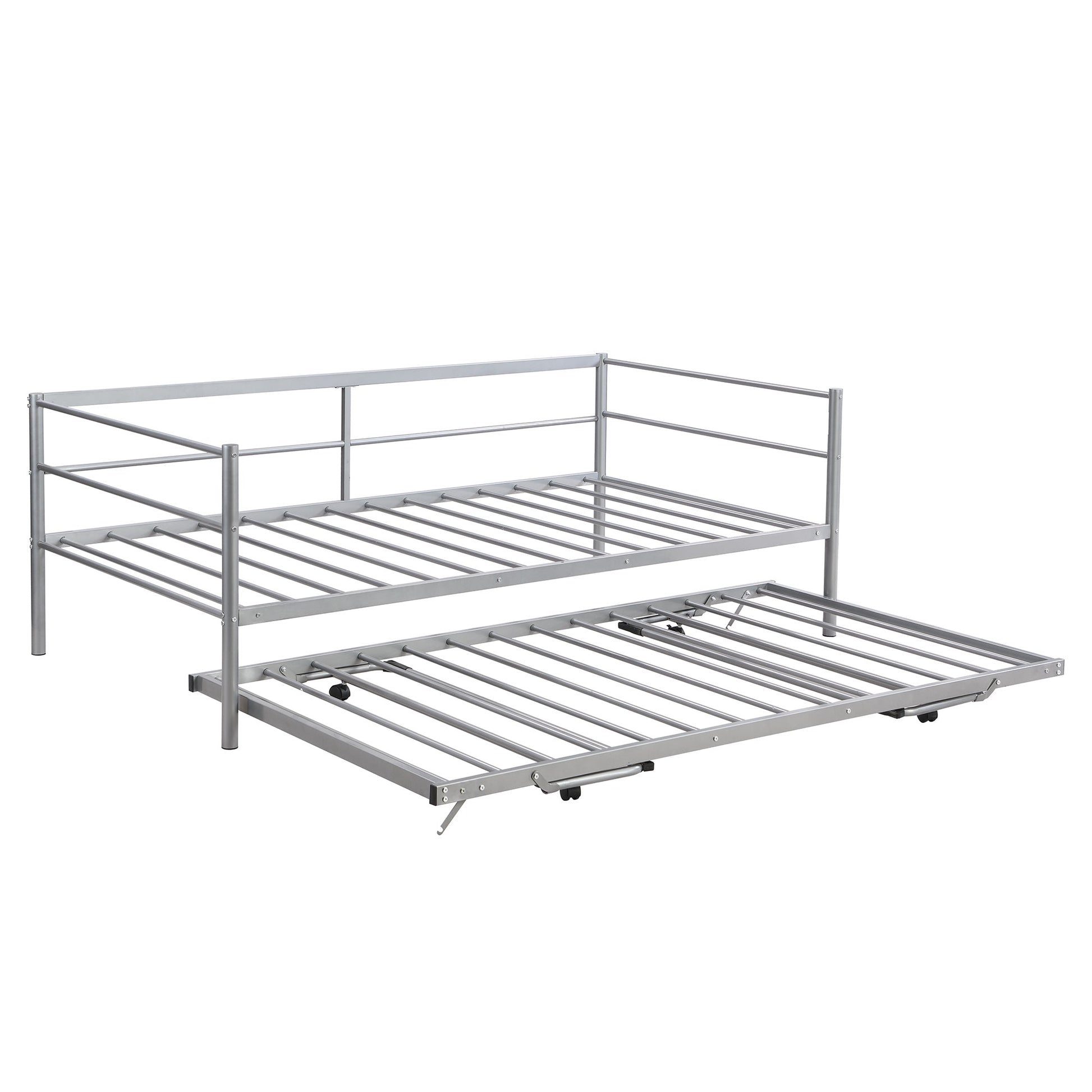 Twin Size Metal Daybed with Adjustable Trundle  Pop Up Trundle  Silver - Korvel