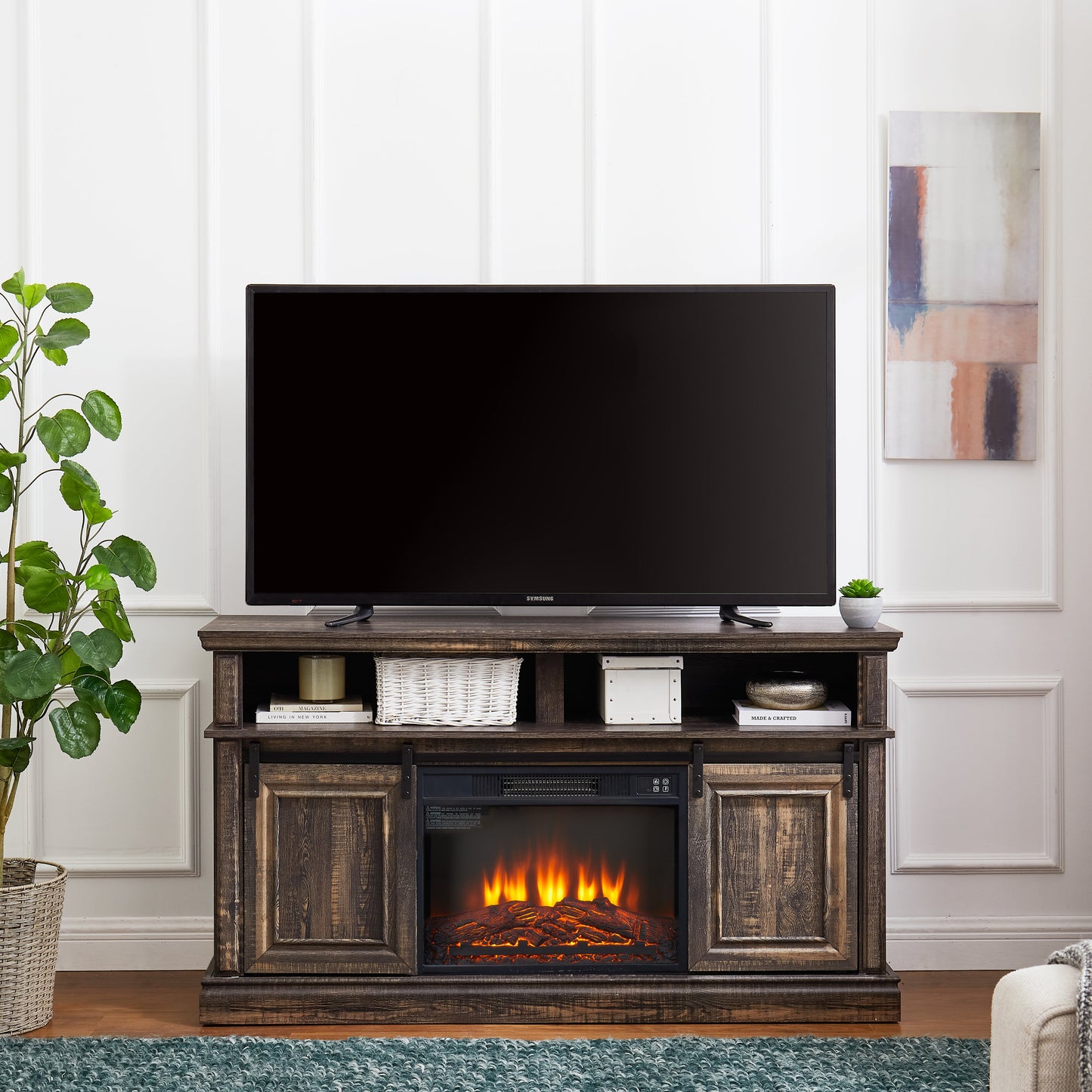 Entertainment console multifunctional sliding door cabinet with 23 inch fireplace 58.11 '* 15.79' * 32.36 'antique brown - Korvel