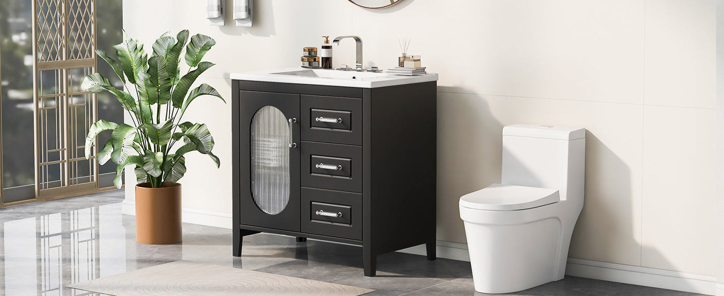 30" Bathroom Vanity with Sink, Bathroom Vanity Cabinet with Two Drawers and Door, Adjustable Shelf, Solid Wood and MDF, Black - Korvel