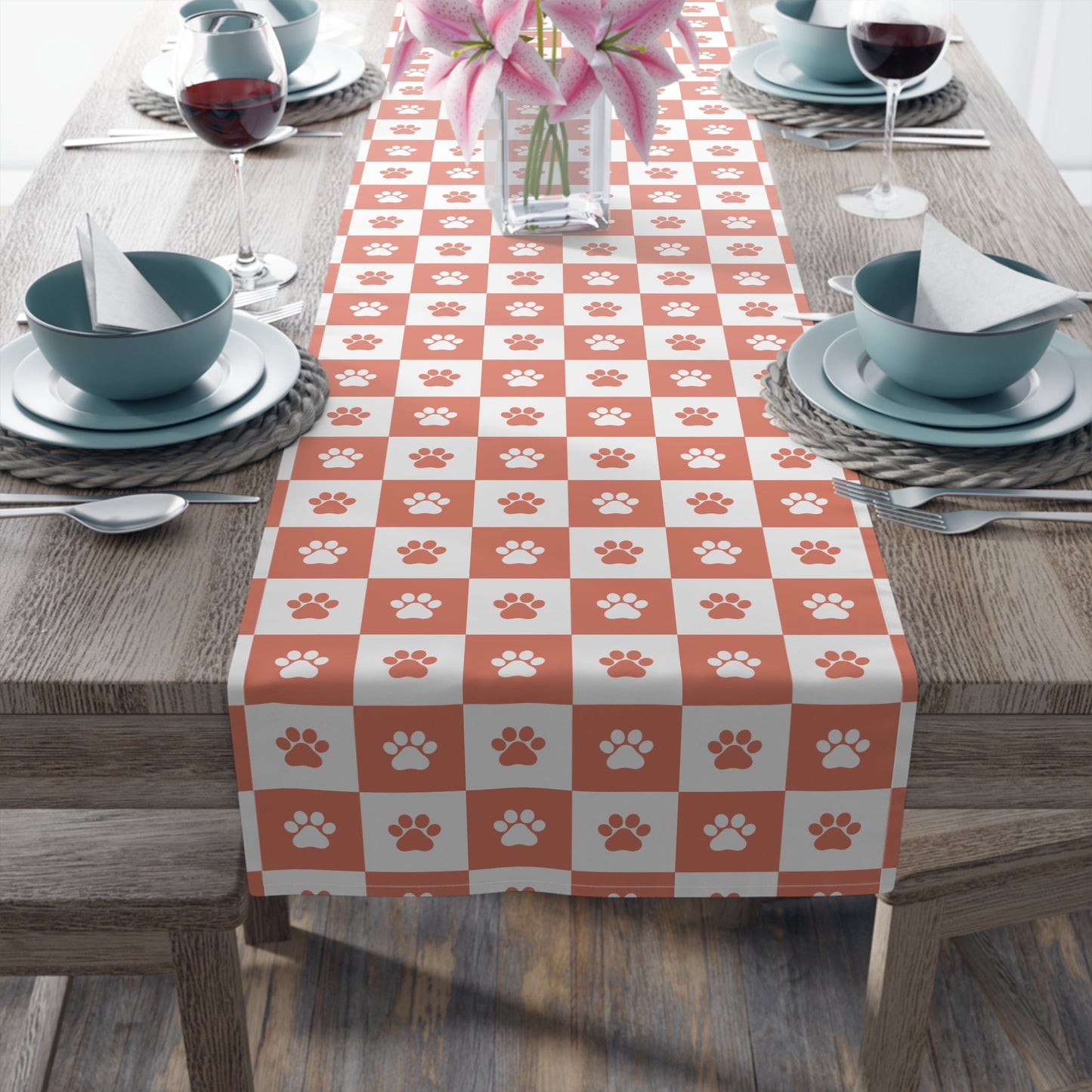 Charming Red & White Paws Table Runner - Cotton & Polyester Options - Korvel