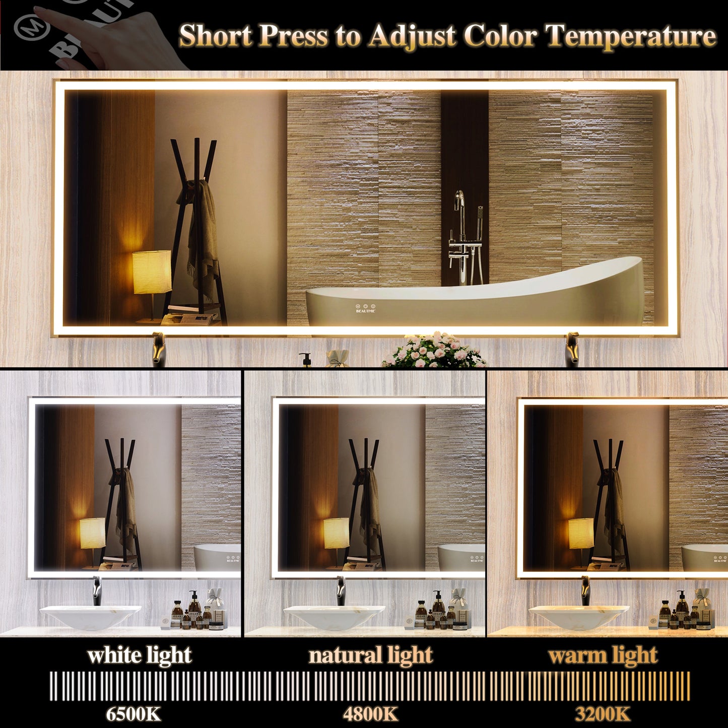 72x32 Inch LED Bathroom Mirror with 3 Color Modes