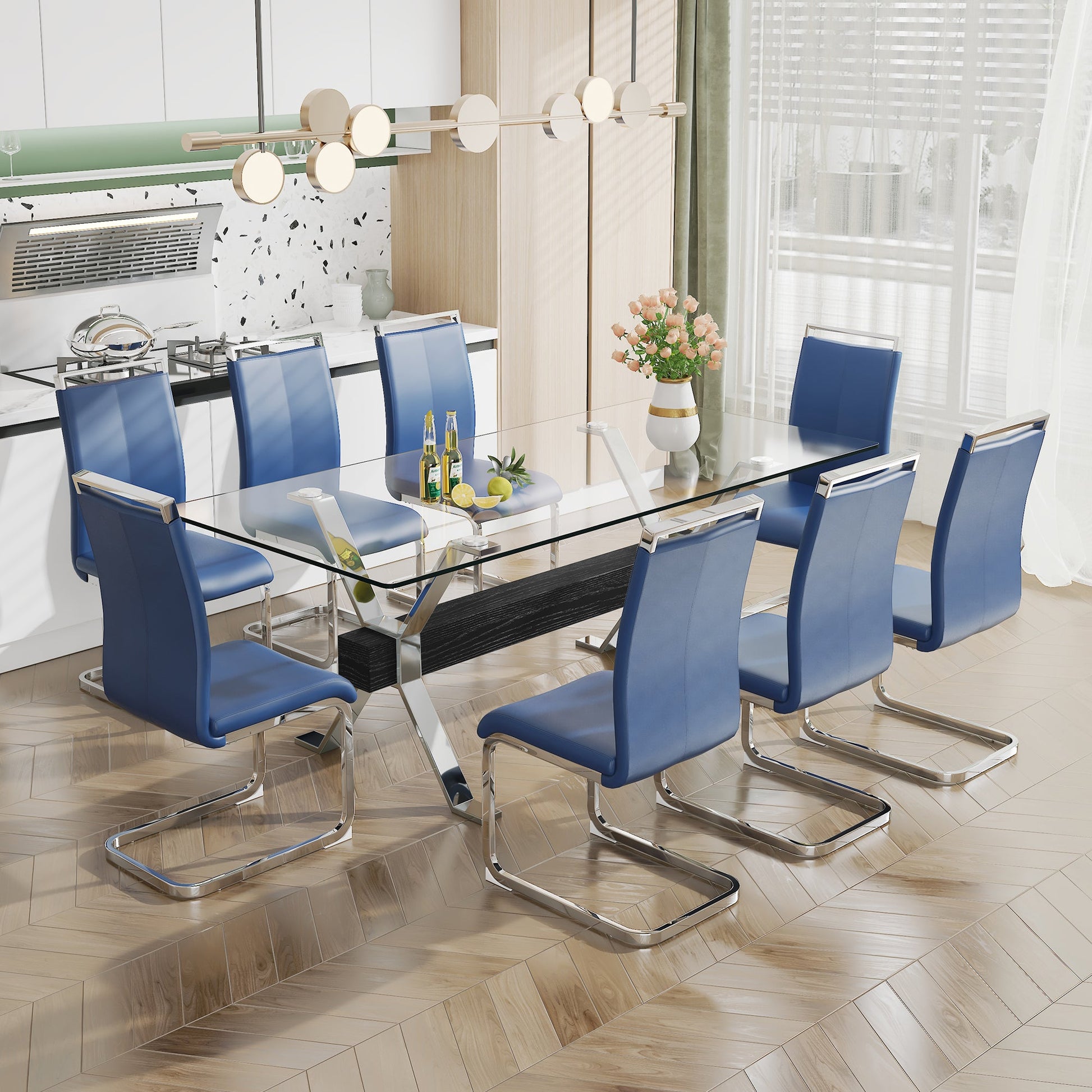 Dining table Modern tempered glass dining table Large modern office desk with silver plated metal legs and MDF crossbars - Korvel