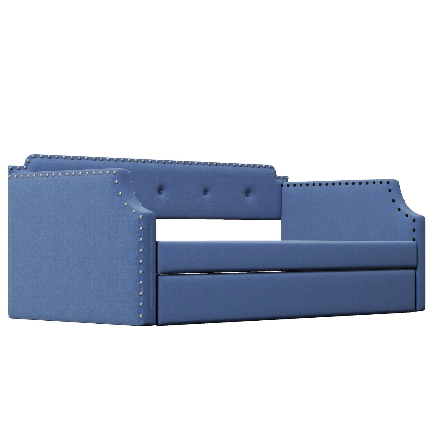 Upholstered Daybed with Trundle, Wood Slat Support,Upholstered Frame Sofa Bed Twin Blue - Korvel