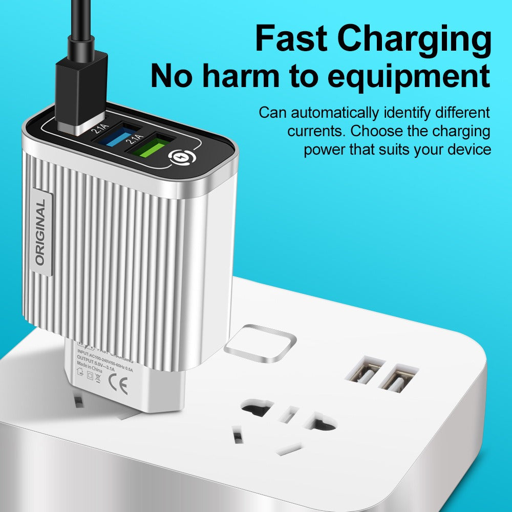 3USB-2.1A Multi Port Mobile Phone Charger Smart Travel Charging Head - Korvel