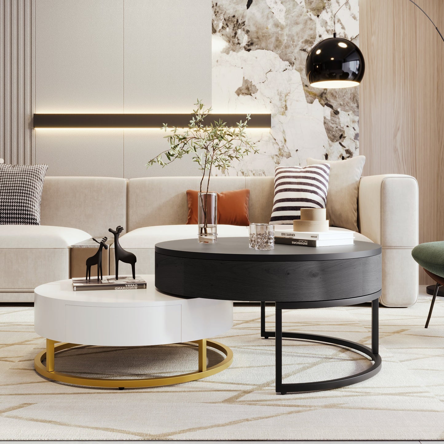 Tables basses empilables rondes modernes avec plateau relevable et tiroirs