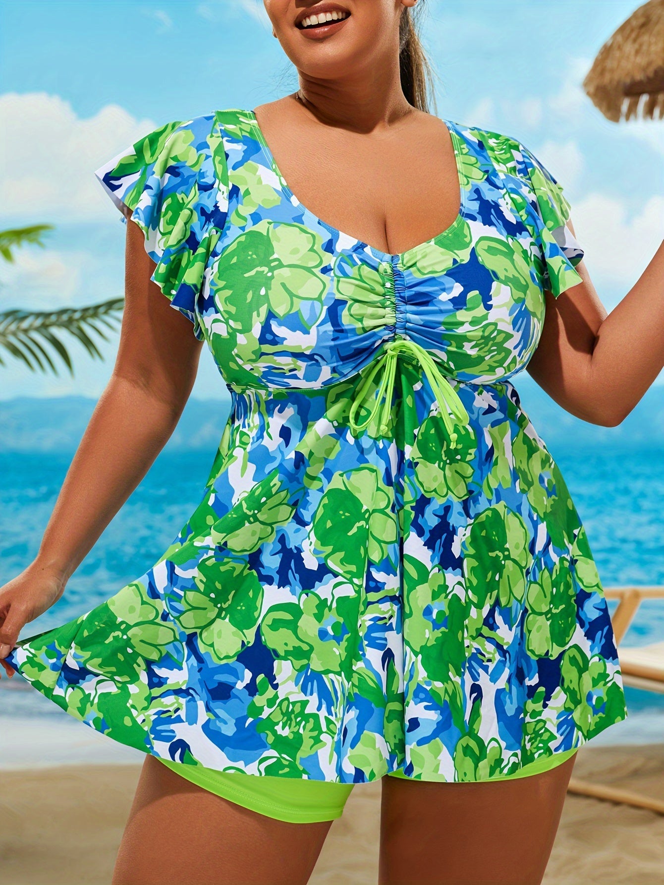 Floral Print Bandeau V Neck 2 Piece Swimsuit for Women