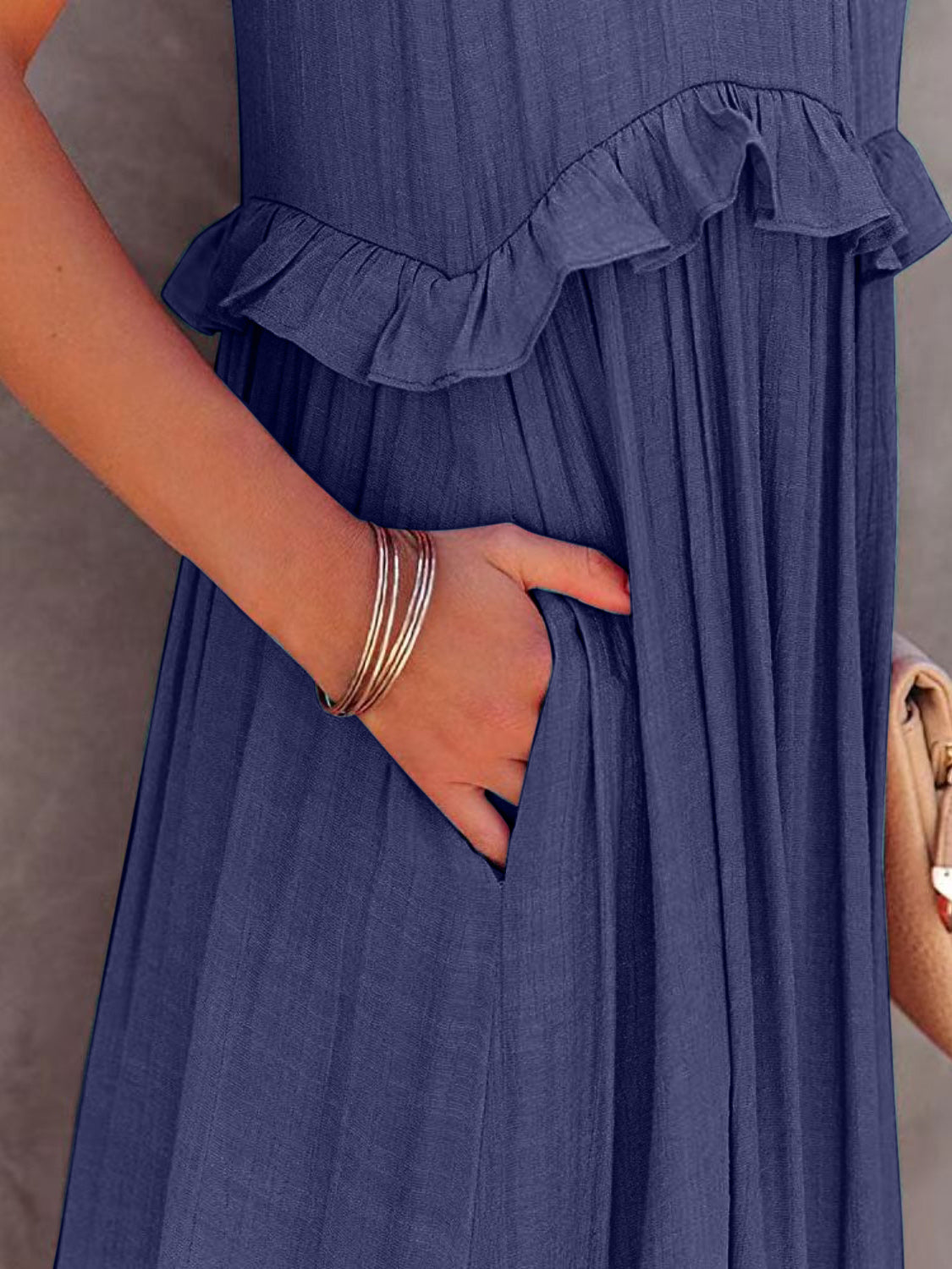 Elegant Ruffled Sleeveless Tiered Maxi Dress with Pockets
