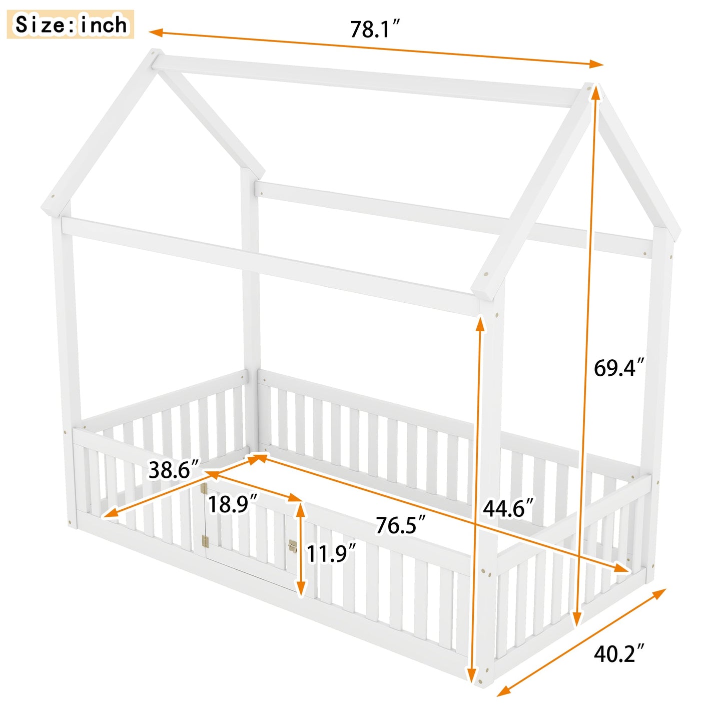 Twin Size Wood House Bed with Fence and Door, White - Korvel