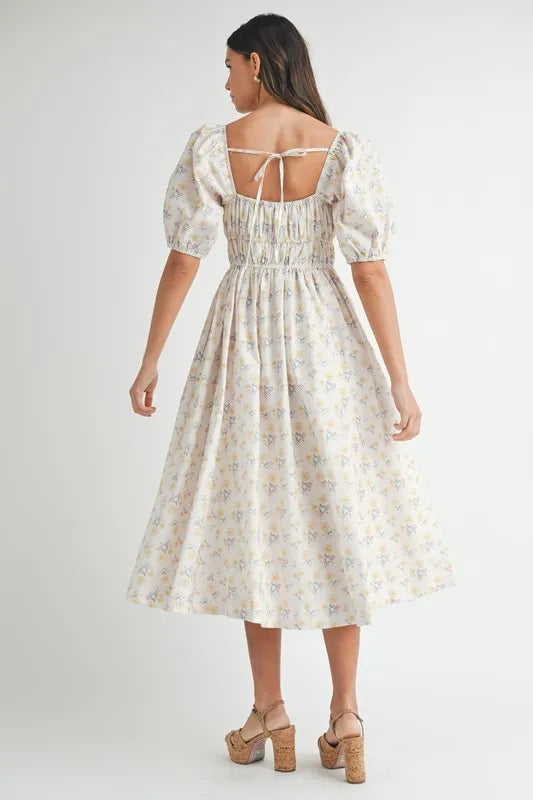Floral Drawstring Detail Puff Sleeve Midi Dress