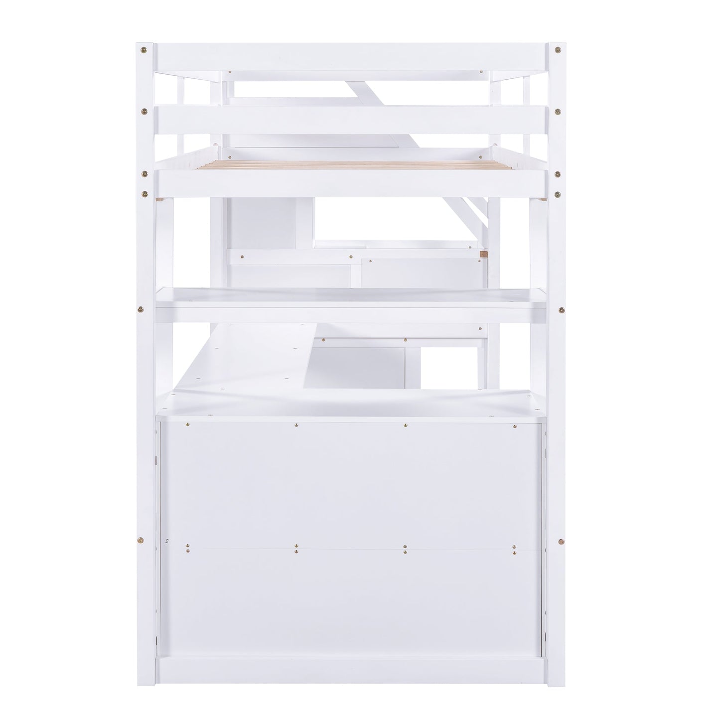 Twin Size Loft Bed with Desk and Shelves  Two Built-in Drawers  Storage Staircase White - Korvel