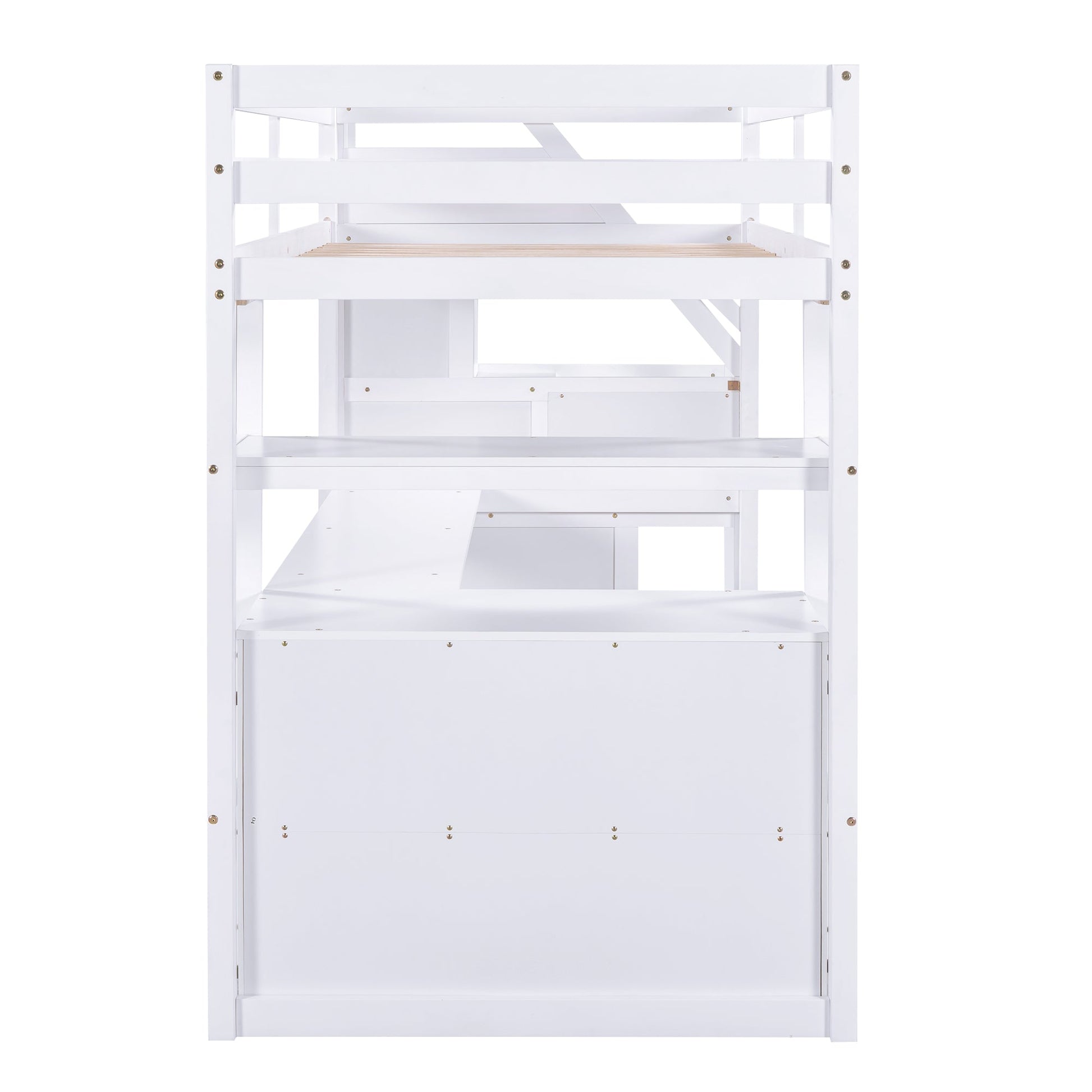 Twin Size Loft Bed with Desk and Shelves  Two Built-in Drawers  Storage Staircase White - Korvel