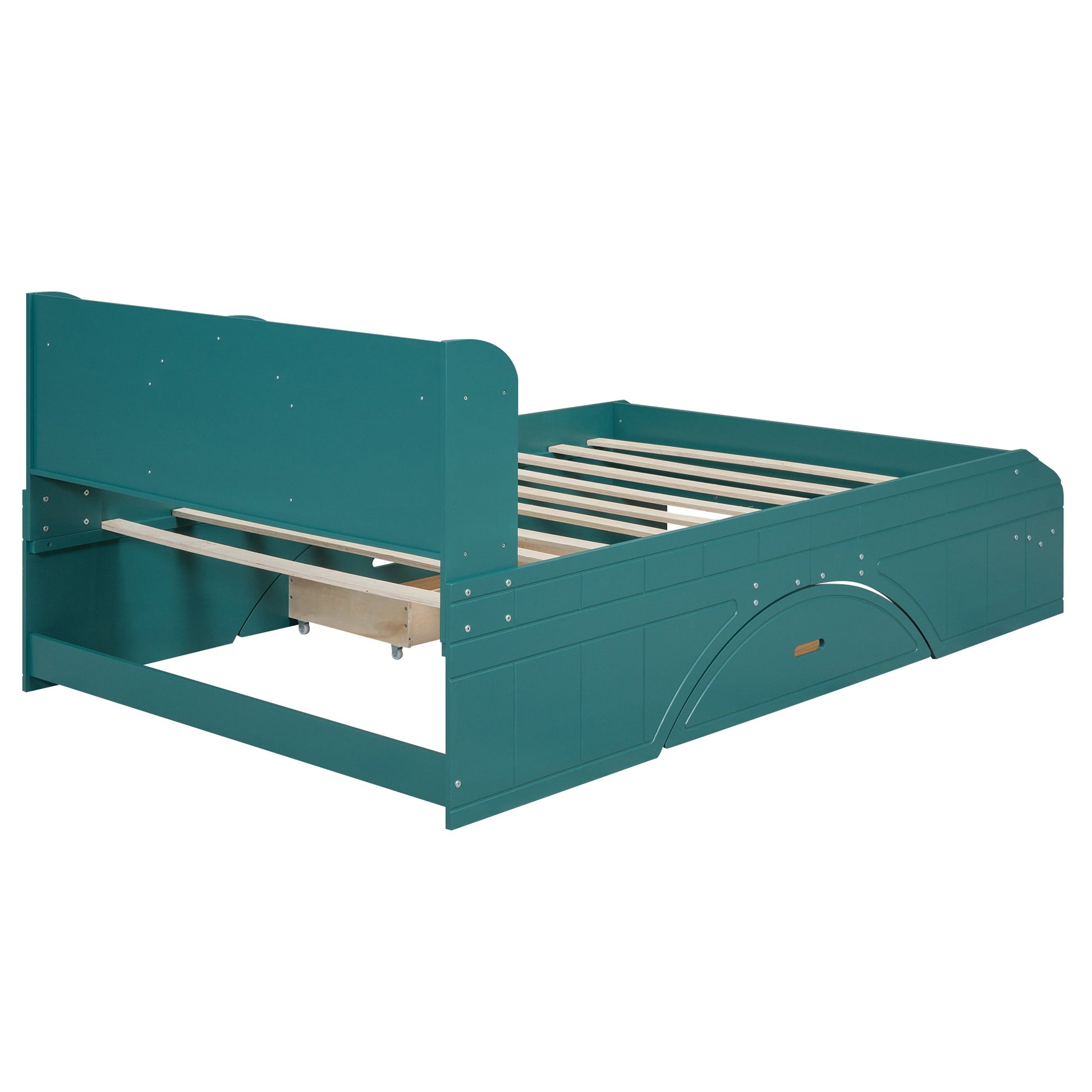 Wood Full Size Platform Bed with 2 Drawers, Storage Headboard and Footboard, Dark Green - Korvel