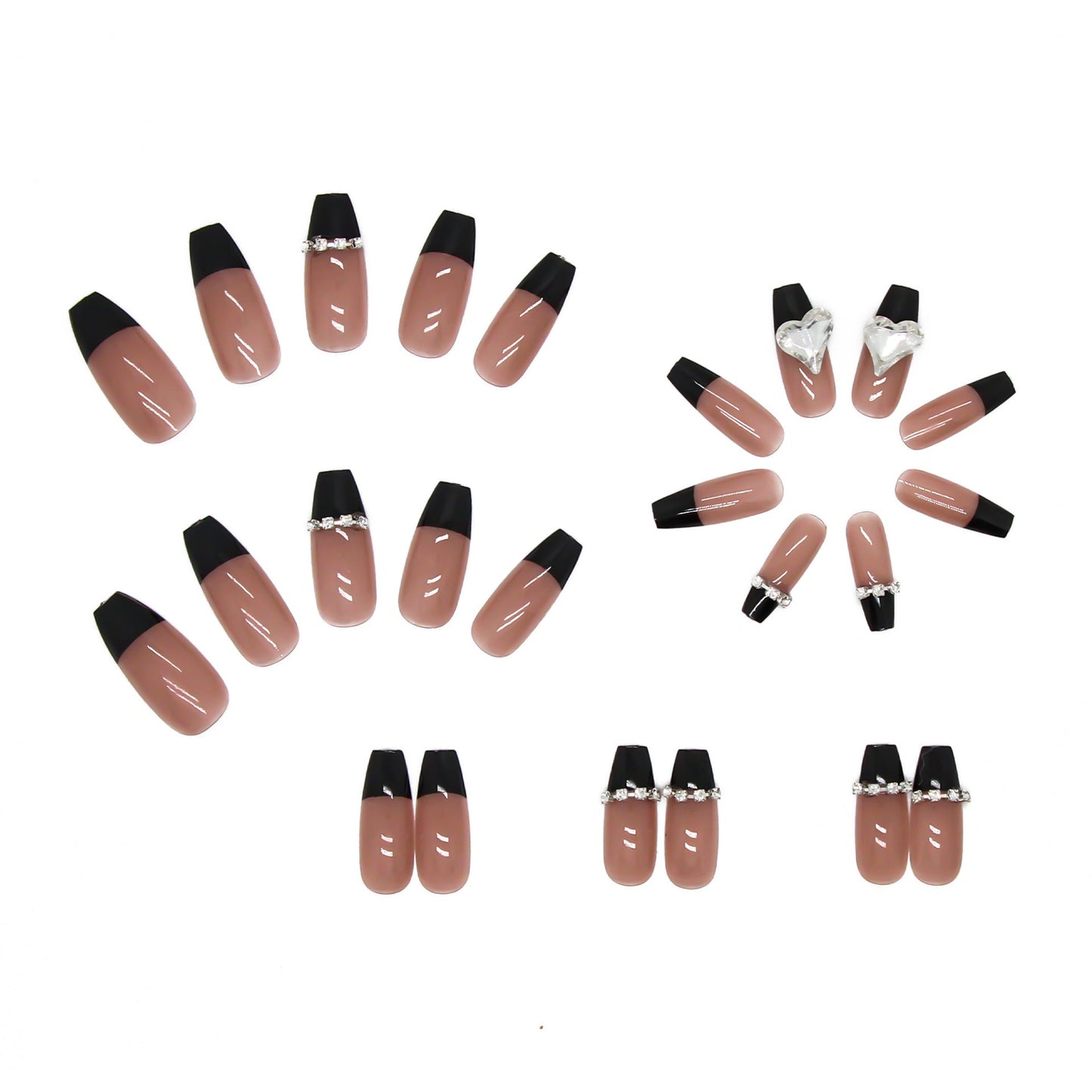 Black French Long Wearing Nail Rhinestone Love Chain Removable Fake Nail Nail Piece Nail Sticker Manicure Nail - Korvel