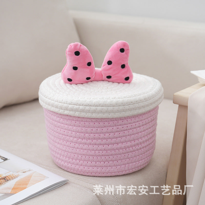 Cartoon cute home desktop sundries storage basket bedroom ornaments cotton rope storage basket with lid - Korvel