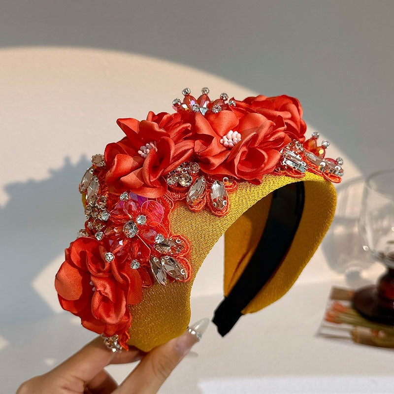 Solid color fabric flower oversized wide edged crystal headband - Korvel
