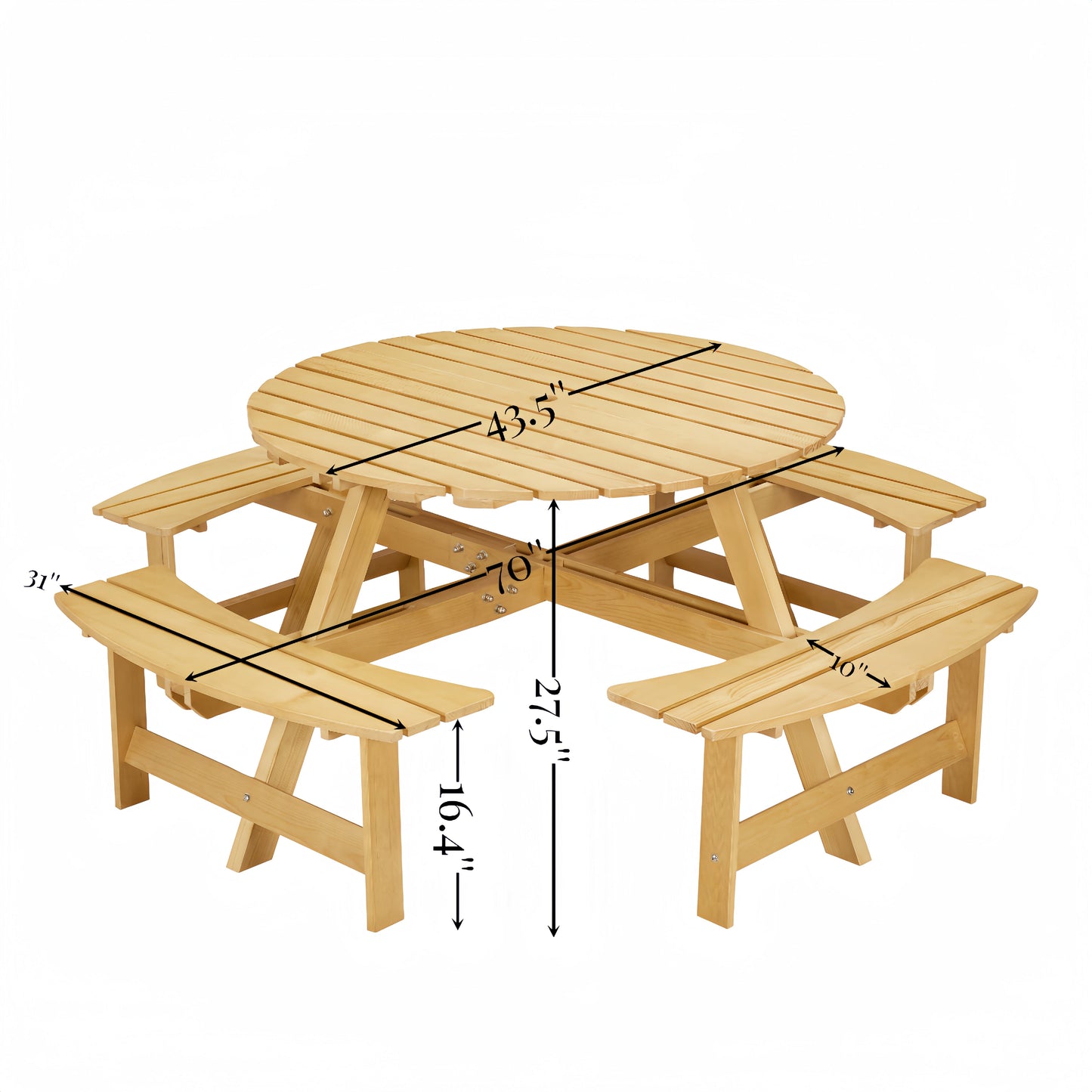 Outdoor picnic table for 8 people, circular picnic table for 8 people, with 4 embedded bench tables and bench sets - Korvel