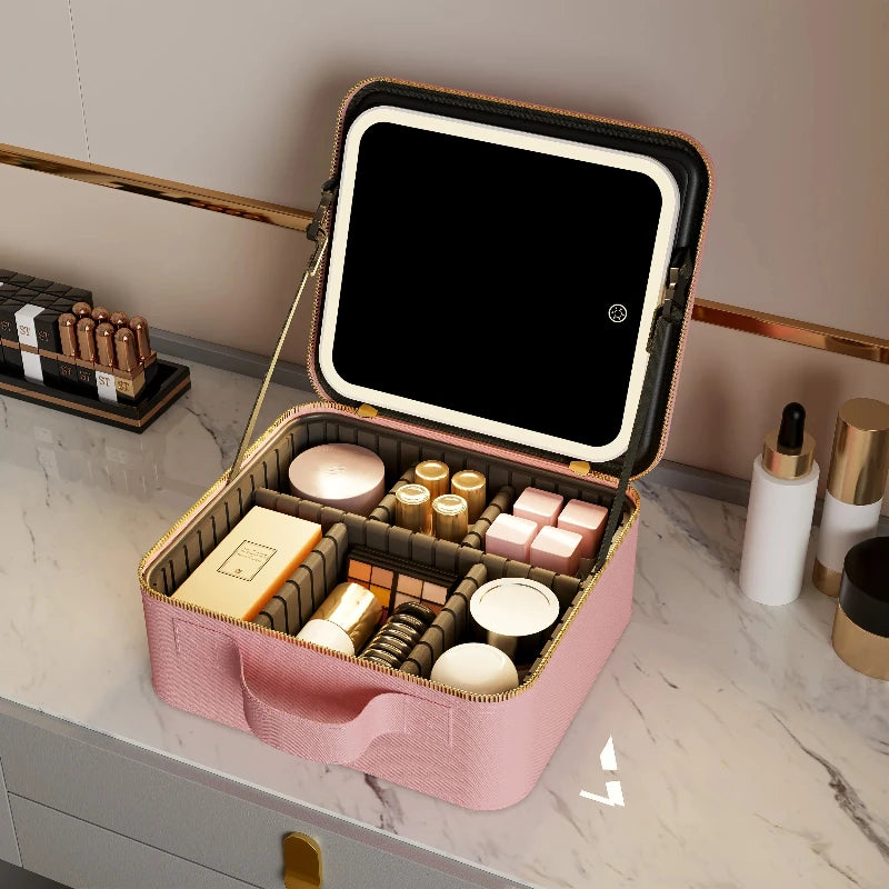 Light Up Box Vanity Organizer Portable Makeup Bag Mirror With Led Light - Korvel