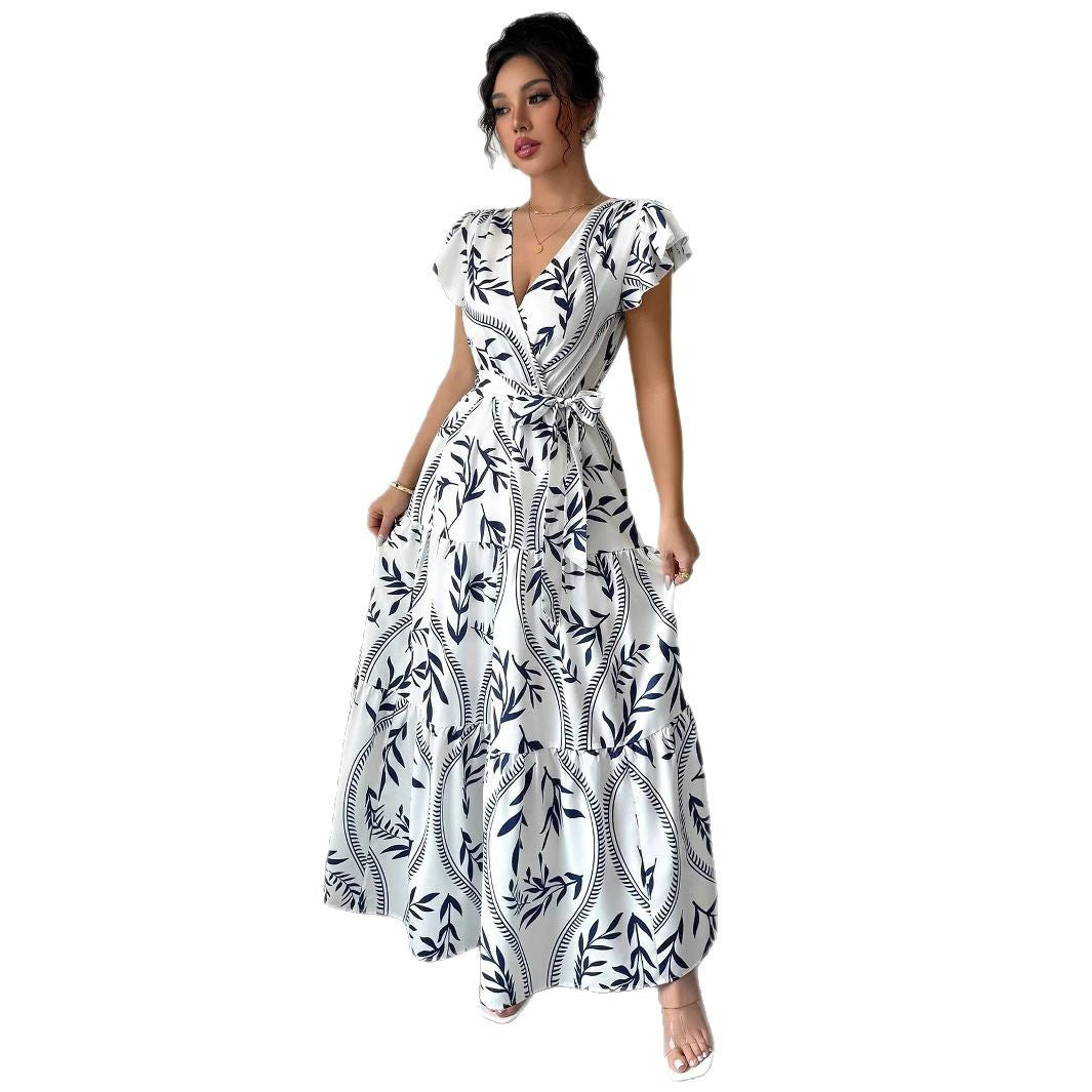 Spring Summer New Printed Ruffled V-Neck Sexy Fitted Slimming Long Dress Gown - Korvel