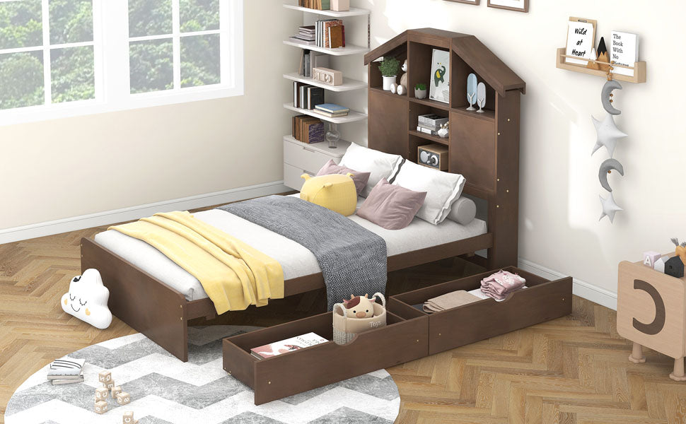 Twin Size Wood Platform Bed with House-shaped Storage Headboard and 2 Drawers Walnut - Korvel