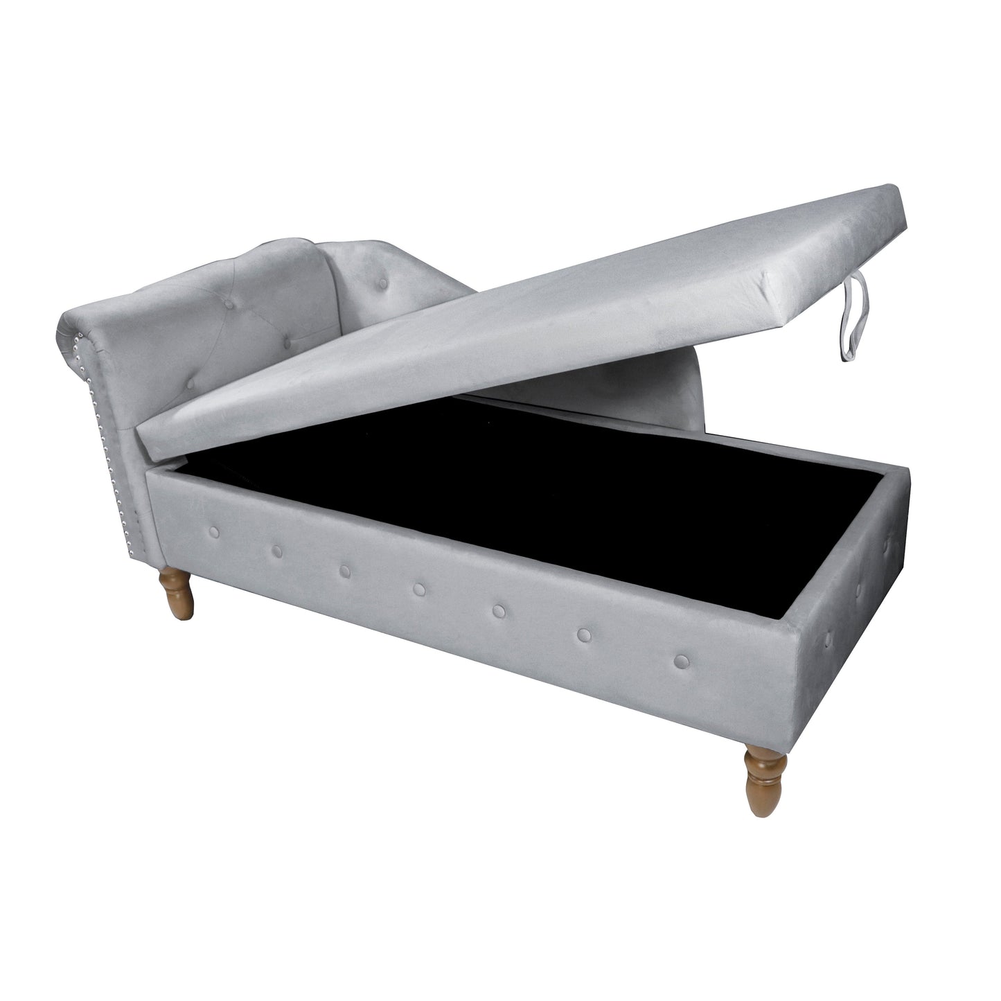 Chaise longue en velours gris avec rangement et coussin