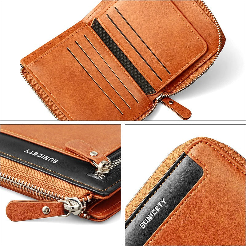 Wallet Men's Fashionable Leather Zipper Leather Bag RFID Multi Card Function ID Card Bag - Korvel