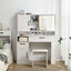 Vanity table with large sliding lighted mirror dressing table with 2 drawers storage shelves and upholstered stool white color - Korvel
