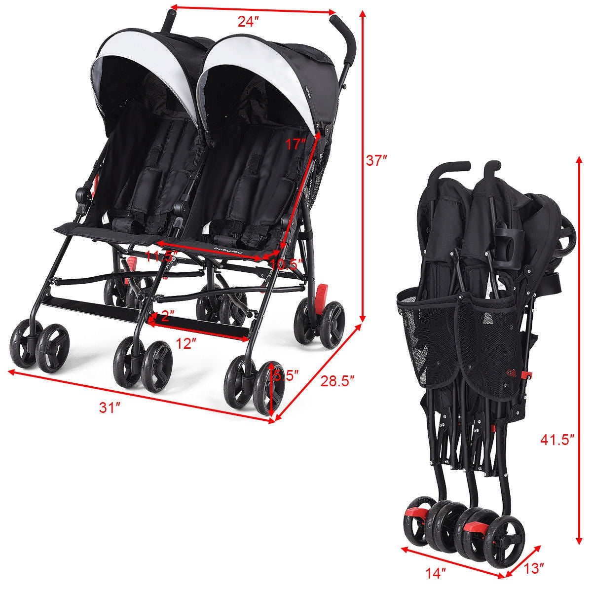 Poussette double pliable ultralégère pour jumeaux - Noir